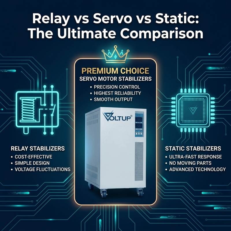 Relay vs Servo vs Static Voltage Stabilizers Comparison | VoltUp